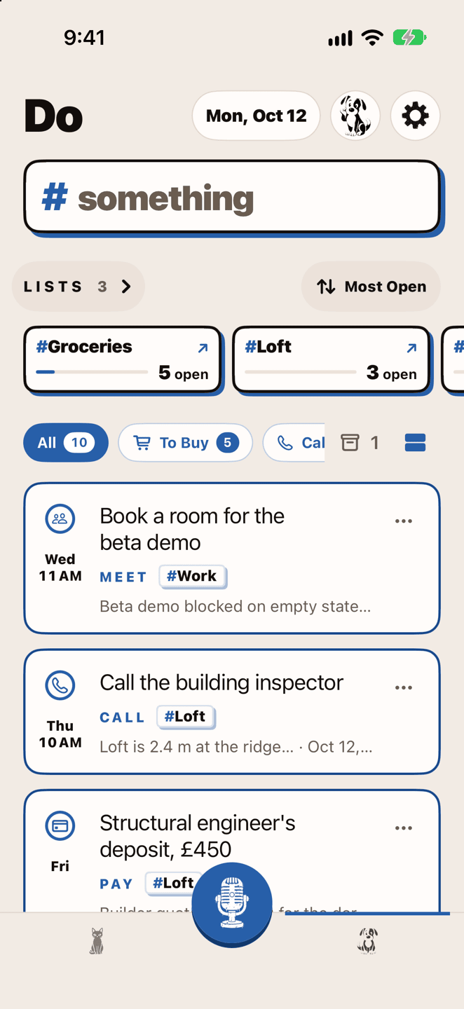 The Do tab: the list box, cards for #Groceries and #Loft with their open counts, chips to pick a kind — all, things to buy, calls — and to-dos due Wednesday, Thursday and Friday, each marked with its kind and linked to the note it came from.