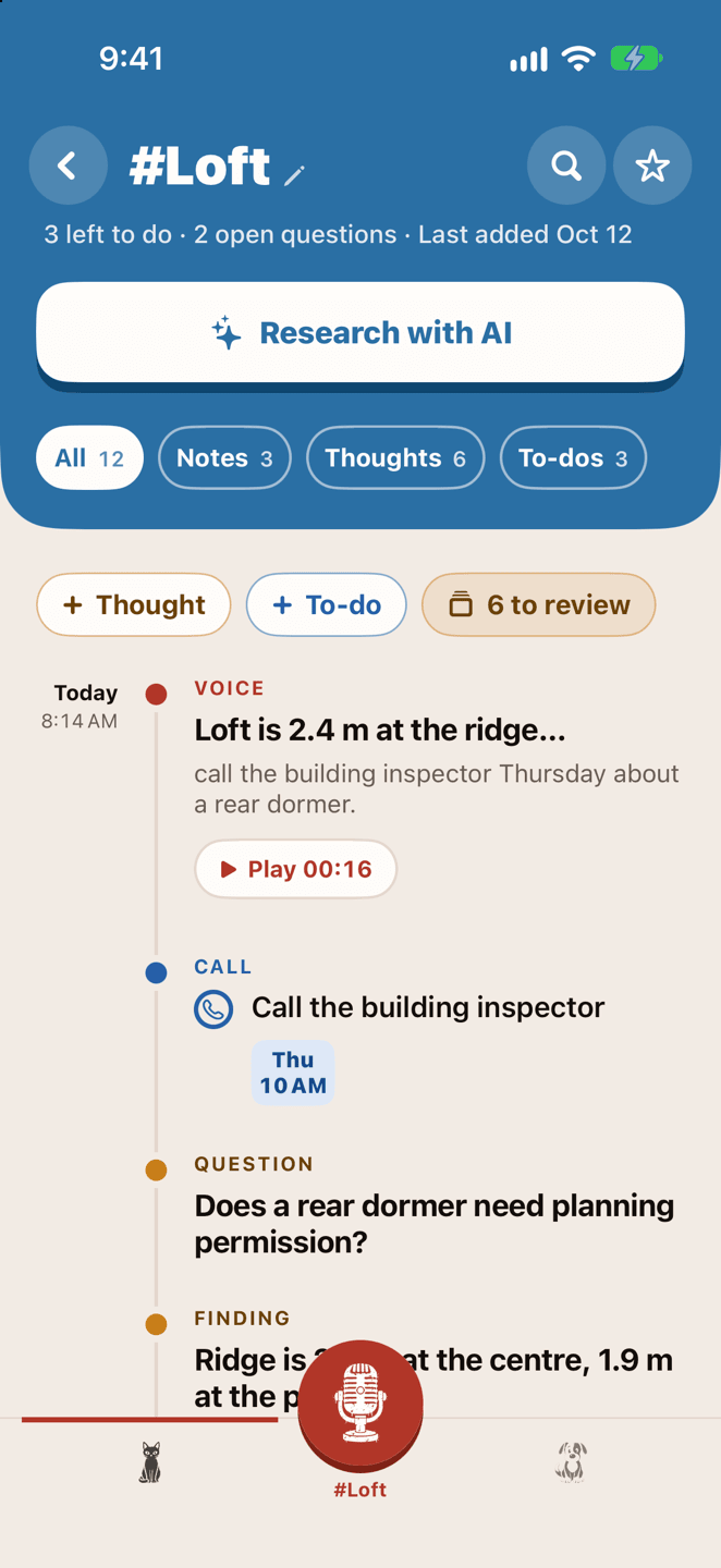 The #Loft hashtag page: a blue cover saying 3 left to do and 2 open questions, Research with AI, filters for notes, thoughts and to-dos, buttons to add a thought or a to-do and 6 thoughts to review, and a timeline of a voice note, a call to make, a question, and a finding.